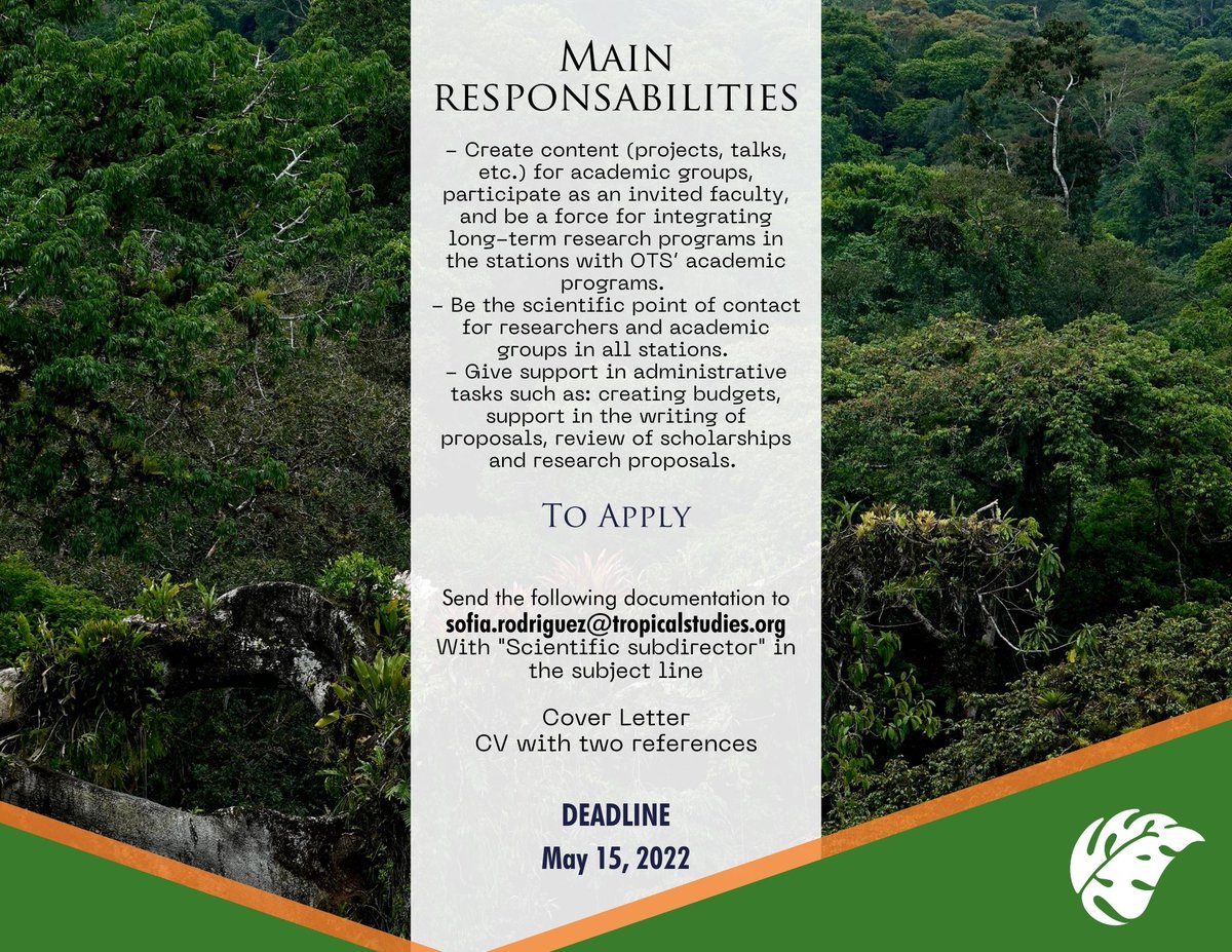 Join our team!

We are looking for a Scientific  Sub-Director in Costa Rica for the Academic-Scientific dept.

Apply before May 15

All the information on the posters
info: sofia.rodriguez@tropicalstudies.org

#Tropicalstudies #hiring #Employment