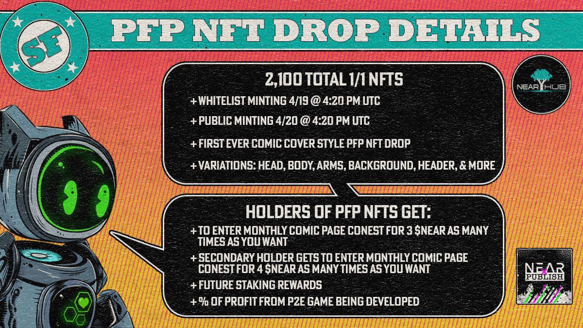 NEARHub_online's tweet photo. Break down of our PFP #NFT drop🔥Get in on our whitelist sale TODAY!

Whitelist Mint: April 19th
Public Mint: April 20th

Holder Utility:
▪️Enter monthly comic page contest to win $NEAR
▪️Rewards from our P2E Game (in development)
▪️Staking rewards https://t.co/XFQ5Ld90cO