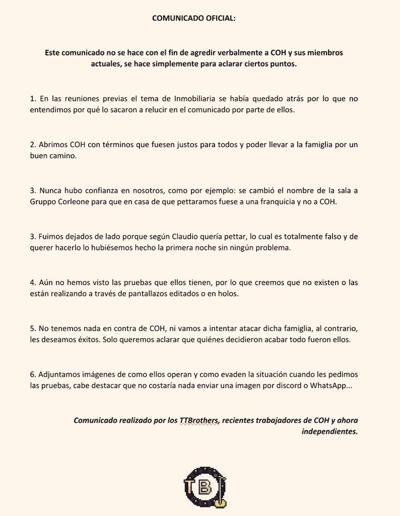 TomTBlues's tweet photo. Comunicado oficial TTBrothers sobre la situación con @OldCorleone https://t.co/9peRVVUPmq