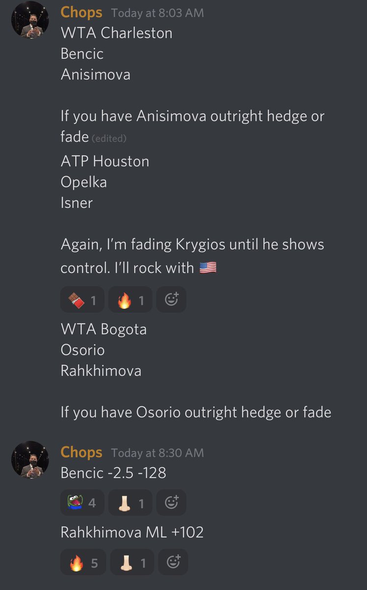 Closing out ATP Houston and WTA Charleston 

We had some good runs, some great live bets and some heavy 🇺🇸 🏆

Only the prematch straights &amp; leans shown - based on 1u wagers

ATP Houston 
17-5-1   -1.6u

WTA Charleston 
47-19-2 +1.18u

Here’s what’s left
