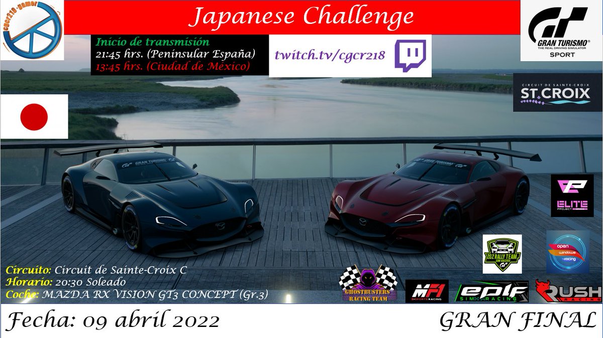 El día ha llegado hoy llega a su fin el #JapaneseChallenge después de 12 carreras conoceremos al CAMPEÓN y no podía ser de otra manera que a bordo del Mazda RX Vision GT3 en una resistencia en Sainte-Croix C los esperamos a partir de las 13:45 (CDMX) en mi canal de #Twitch