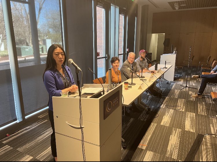MSUDenverJMP's tweet photo. MSU student Li Chen Chen introduces a panel of experts discussing podcasting at the SPJ Refion 9 conference on the Auraria Campus. Nicole Vap and Kevin Vaughan of Channel 9 and Paul Karolyi of Denver Citycast. Li Chen is president of the MSU Denver SPJ chapter. @SPJCOLO #SPJColo https://t.co/KTTPP2e47P