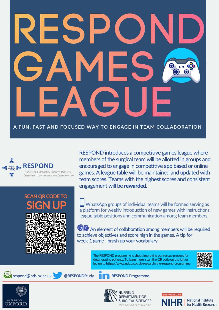 RESPOND Programme (@respondstudy) on Twitter photo RESPOND is delighted to present RESPOND Games League. It aims to strengthen team collaboration through gamified activities <a href="/OUHospitals/">OUH</a> <a href="/WestMidHospital/">West Middlesex University Hospital</a> <a href="/BucksHealthcare/">Buckinghamshire Healthcare NHS Trust</a> We encourage all staff on surgical units to sign up @ forms.office.com/r/n8bhmMYP6j. #Improve patient care with fun. RESPOND is delighted to present RESPOND Games League. It aims to strengthen team collaboration through gamified activities <a href="/OUHospitals/">OUH</a> <a href="/WestMidHospital/">West Middlesex University Hospital</a> <a href="/BucksHealthcare/">Buckinghamshire Healthcare NHS Trust</a> We encourage all staff on surgical units to sign up @ forms.office.com/r/n8bhmMYP6j. #Improve patient care with fun.