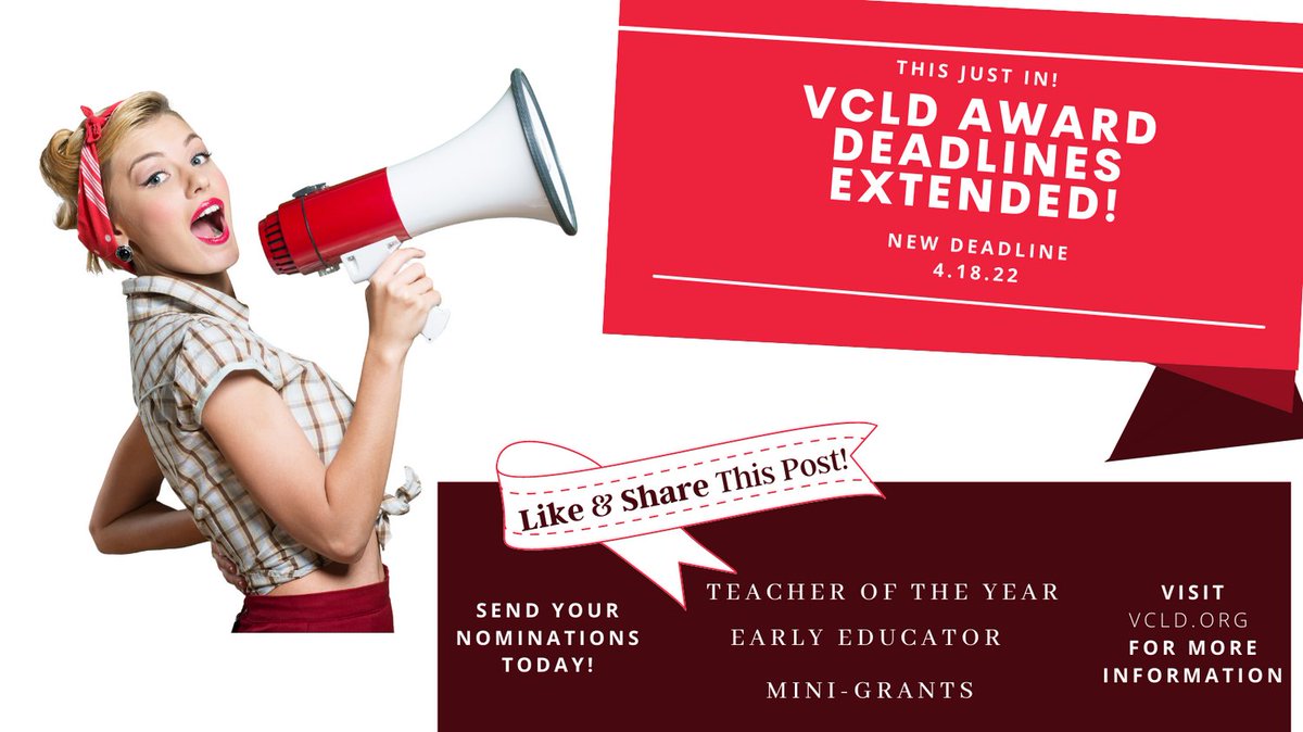 VirginiaCLD's tweet photo. Spread the word! Extended Deadline for VCLD Award Nominations! Visit https://t.co/t7Ccmzctab for more information https://t.co/ceXo1fNfsY