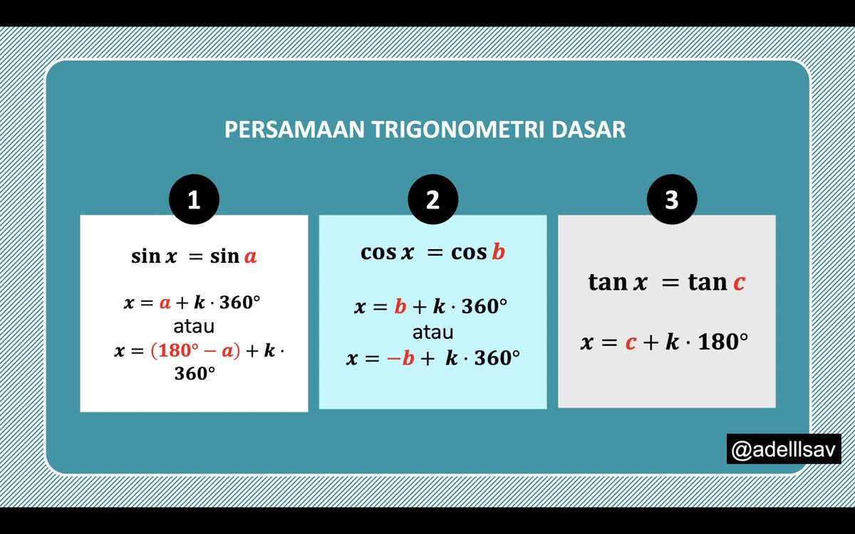 adelllsav's tweet photo. H-38 UTBK 2022
📖PERSAMAAN TRIGONOMETRI📖

Penyelesaian persamaan trigonometri untuk "sin", "cos", dan "tan" itu beda-beda lohh..
Terus kamu juga WAJIB cek interval penyelesaian yang ada pada soal 😗😗
Cek di sini yaak👇👇

#UTBK2022 #studytwt #AMBISVERSE #Matematika https://t.co/5jrSpJXQvn