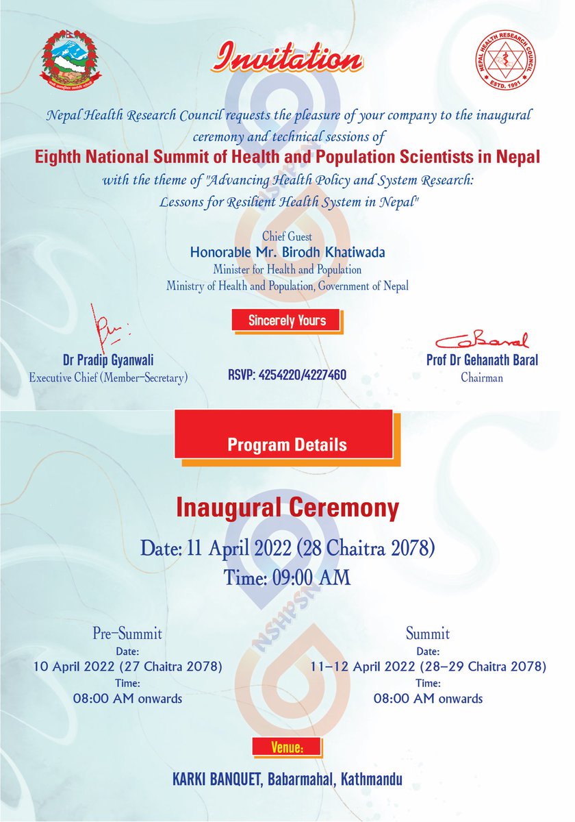 Eighth National Summit of Health and Population Scientist in Nepal, 2022 is happening from tomorrow. #weareinfacebooklivetoo #NepalHealthResearchCouncil(NHRC) #Researchmatters