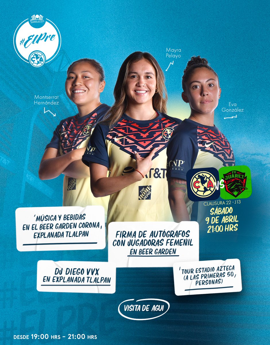 ClubAmerica's tweet photo. Llega temprano a #ELPRE de América vs FC Juárez en el @EstadioAzteca 🏟
📍| Beer garden Tlalpan 
🕒 | 19:00 horas
🎶 | DJ y AGUI 🦅
Food trucks y el mejor ambiente.

😷 | Recuerda respetar en todo momento las medidas sanitarias

#TodosAlAzteca https://t.co/j23WTqdCR9