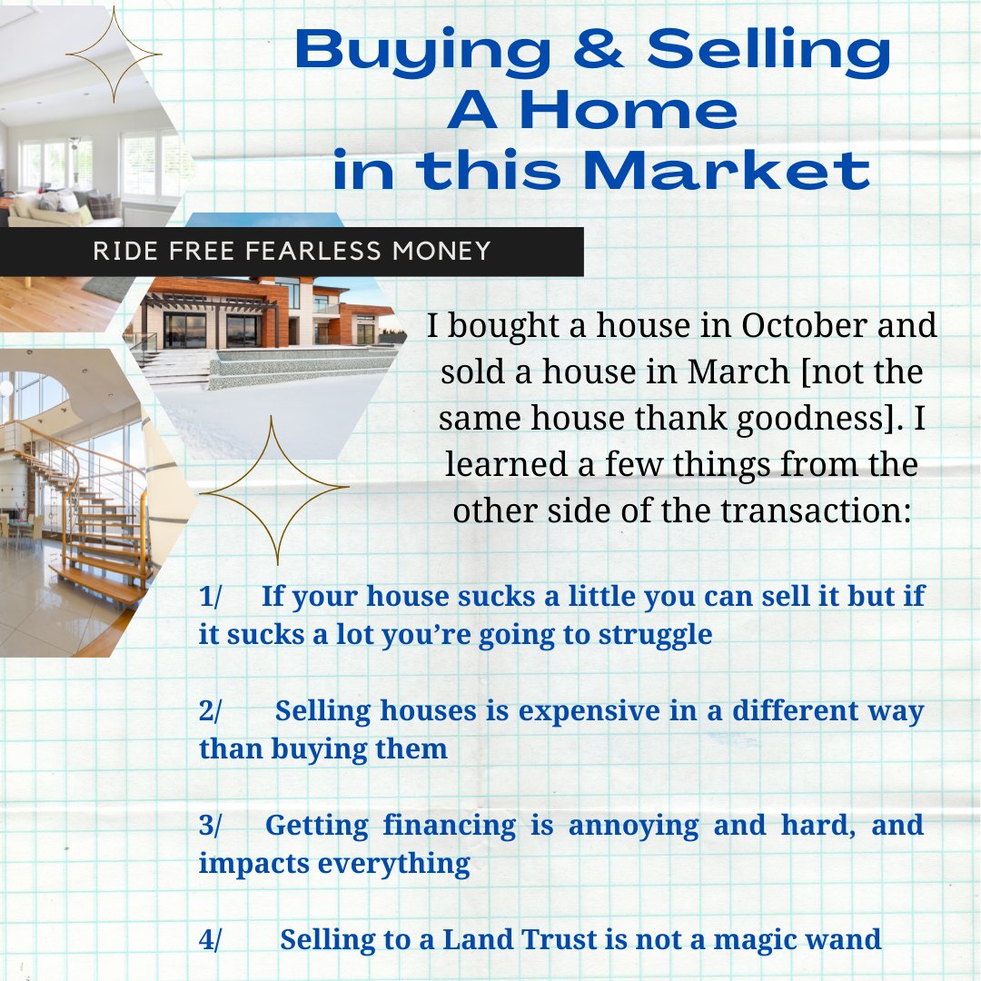 Get on my newsletter to get my post on the struggles, the ethical considerations, and the realities of selling a house when it drops next week, and check out my blog to learn more about the considerations and realities of buying a house.

ridefreefearlessmoney.com/fearless-money…