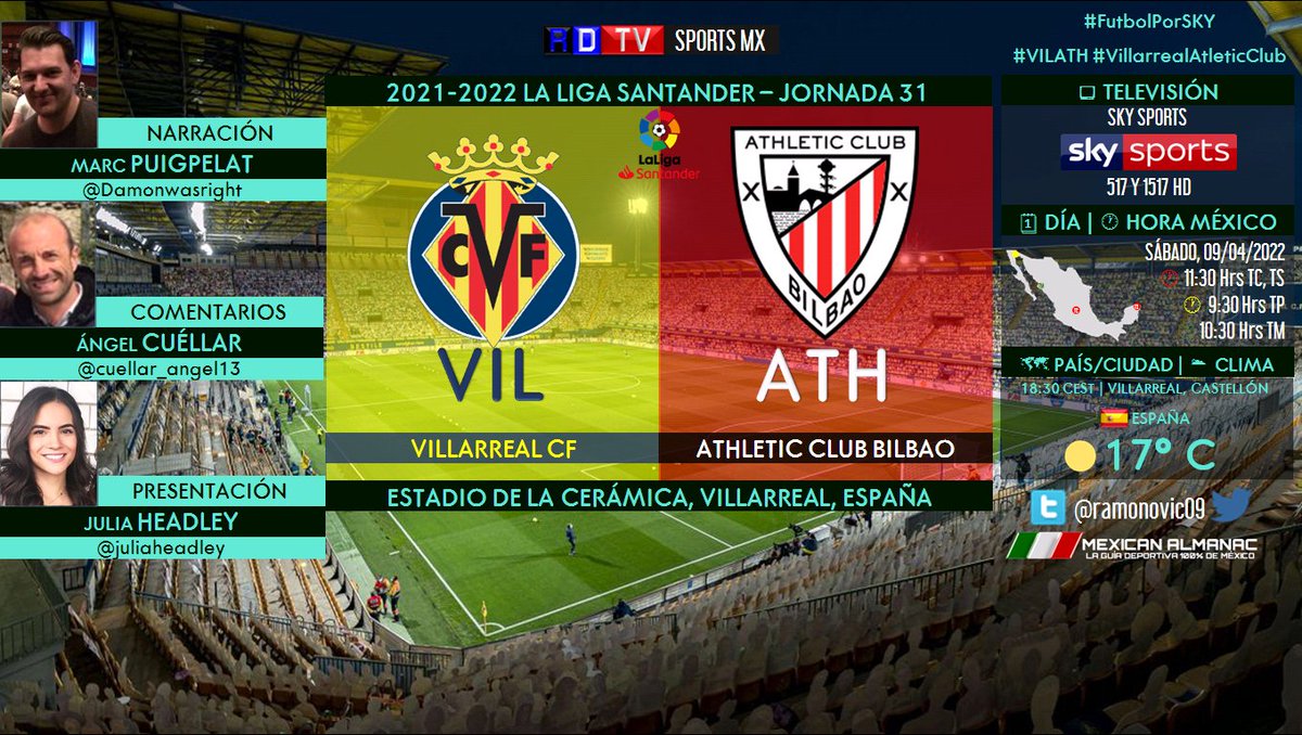ramonovic09's tweet photo. 🇪🇦 #LaLigaSantander 2021-2022 #Jornada31 | @VillarrealCF 🆚 @AthleticClub
#Villarreal #AthleticClub
🗓️ Hoy
⏰ 11:30 Hrs TC, 9:30 Hrs TP
🇩🇴 12:30 Hrs
📺 @SKYSportsMX 517 y 1517 HD
🎤 @Damonwasright
🎤📝 @cuellar_angel13
🎤📜 @juliaheadley
#FutbolPorSKY #RoadToQatar2022 #VILATH https://t.co/jnnPqoIDkA
