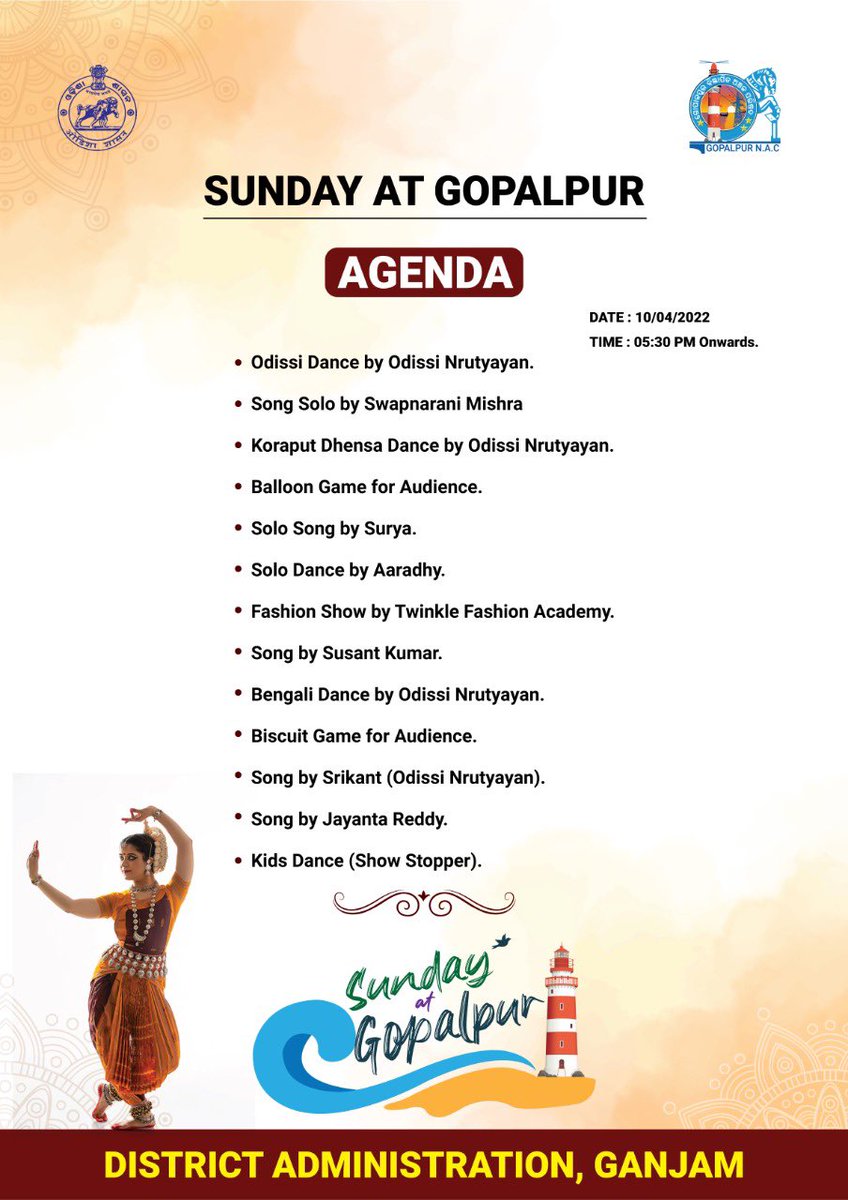 Agenda for ‘Sunday at Gopalpur’- cultural evening on 10th April. Requesting all to join us & to spend a pleasant evening with your families at Gopalpur beach tomorrow. @Ganjam_Admin @odisha_tourism @MoGopalpur