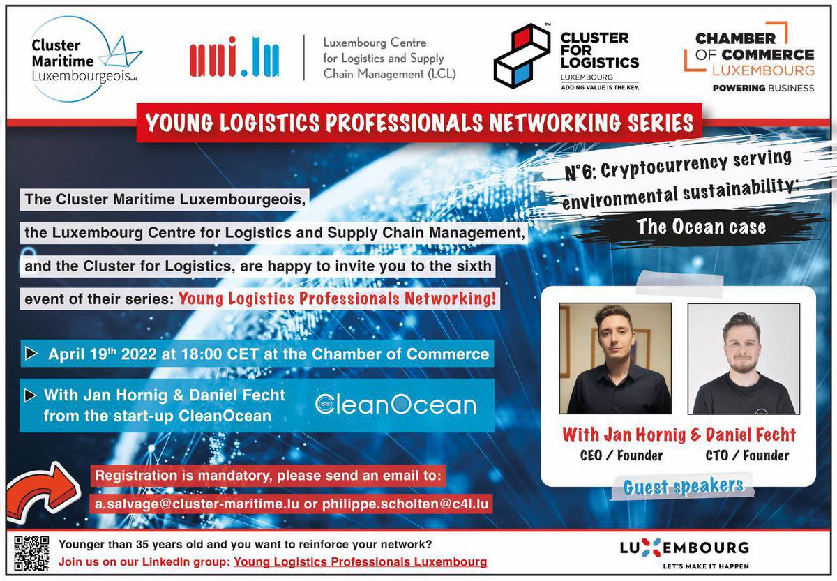 cleanoceantoken's tweet image. We are happy to announce that we will be speaking at this event organised by the Luxembourg Maritime Cluster, Cluster for Logistics and the Chamber of Commerce! 

⏰ April 19th 6pm CET
📍 Chamber of Commerce Luxembourg