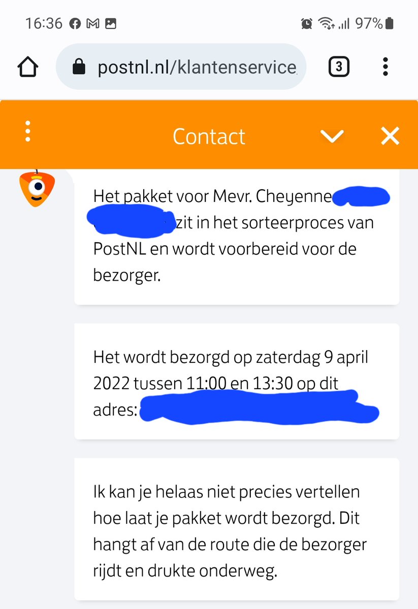 cheyennevdk's tweet photo. Wanneer je de hele dag voor niks thuis zit te wachten op een pakketje dat door @PostNL bezorgd zou worden, er nergens te vinden is wanneer het dan wél bezorgd wordt en je van de zogenaamde klantenservice ook geen antwoord krijgt.. topservice weer dit! 🙄🙄 https://t.co/AF2KyG8LLe