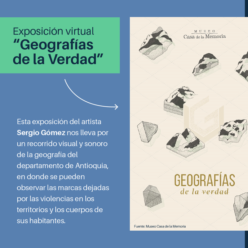 FCompaz's tweet photo. En el #9deAbril Día Nacional de la Memoria y Solidaridad con las Víctimas, te invitamos a recorrer la exposición virtual "Geografías de la Verdad" del artista Sergio Gómez, que permite a los espectadores seguir las huellas del conflicto en los territorios y las comunidades 💙