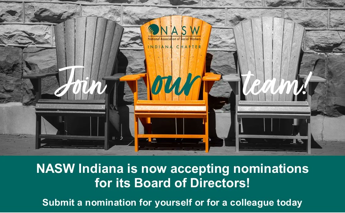 NASW_IN's tweet photo. NASW-Indiana is accepting nominations for open board positions, with terms starting July 1, 2022. Positions include BSW & MSW Student Rep and3 Region Rep positions. Find out more and submit your nomination online at https://t.co/Hlb1i17m4p #NASWIN #thetimeisrightforsocialwork https://t.co/JLrclvJoCY
