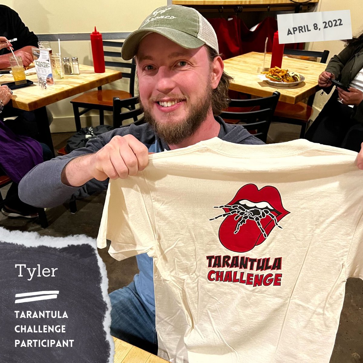 BullCityBurger's tweet photo. TYLER ATE A SPIDER!! He conquered the 2022 Tarantula Challenge! #tarantulachallenge #tarantulaburger #exoticmeatmonth #durham #durhamnc #durhamfoodies #bullcityburger https://t.co/7qiMdekJS8