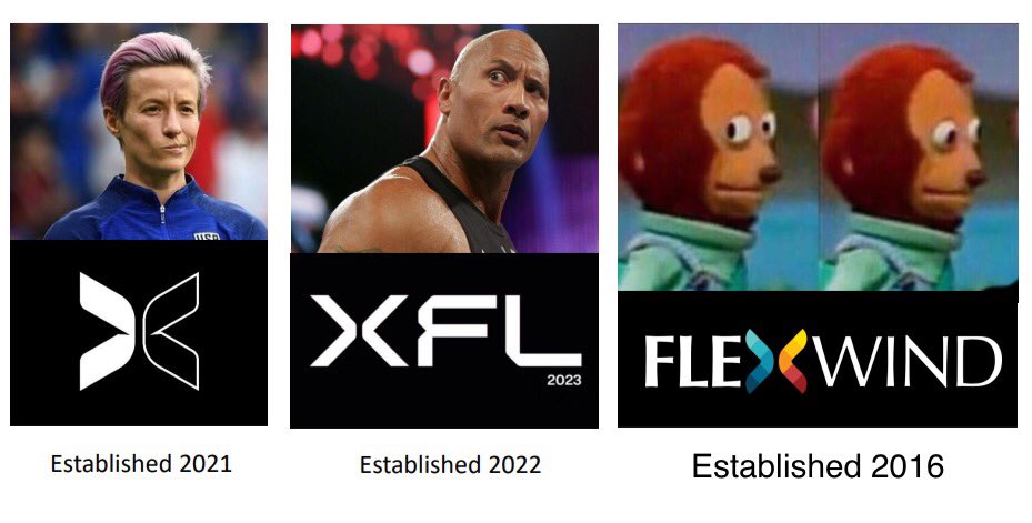 <a href="/mPinoe/">Megan Rapinoe</a> <a href="/TheRock/">Dwayne Johnson</a> <a href="/XFL2023/">XFL</a> <a href="/togethxr/">TOGETHXR</a> Hello! We at #Flexwind are big fans of both of y'all. We are a woman-owned design &amp; web experience Co in the DC area, steeped in inclusion and diversity. We can help YOU BOTH find the right brand and logo with that certain X-FACTOR we ALL crave. So let's Flex together.