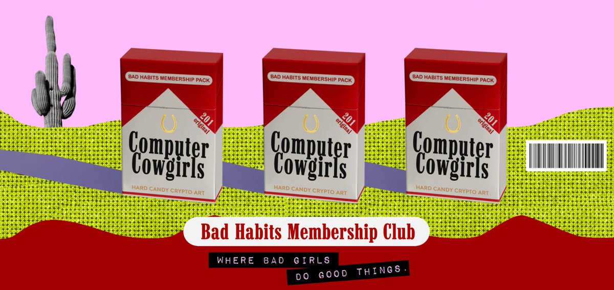 1/ The <a href="/cmptrCOWGIRLS/">ComputerCowgirls</a> Bad Habits Membership Club is now open for *new* members. 

Each membership pack is .05 ETH on OpenSea *right now.*

Around 200+ of you have snagged these packs. There's only space for 500 members. 🤠

What do ya'll get for joining our riding gang?

👇🧵