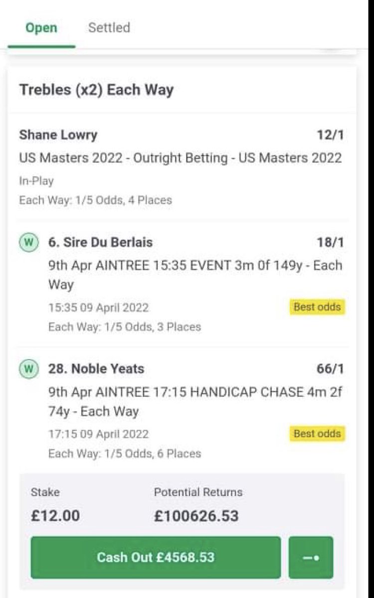 FionaGalvin2's tweet photo. Cash out or let it run? 
@paddypower #paddypower #ShaneLowry #golf #nobleyeats #treble #HorseRacing #GrandNational #sireduberlais https://t.co/U2UWhl2ToM