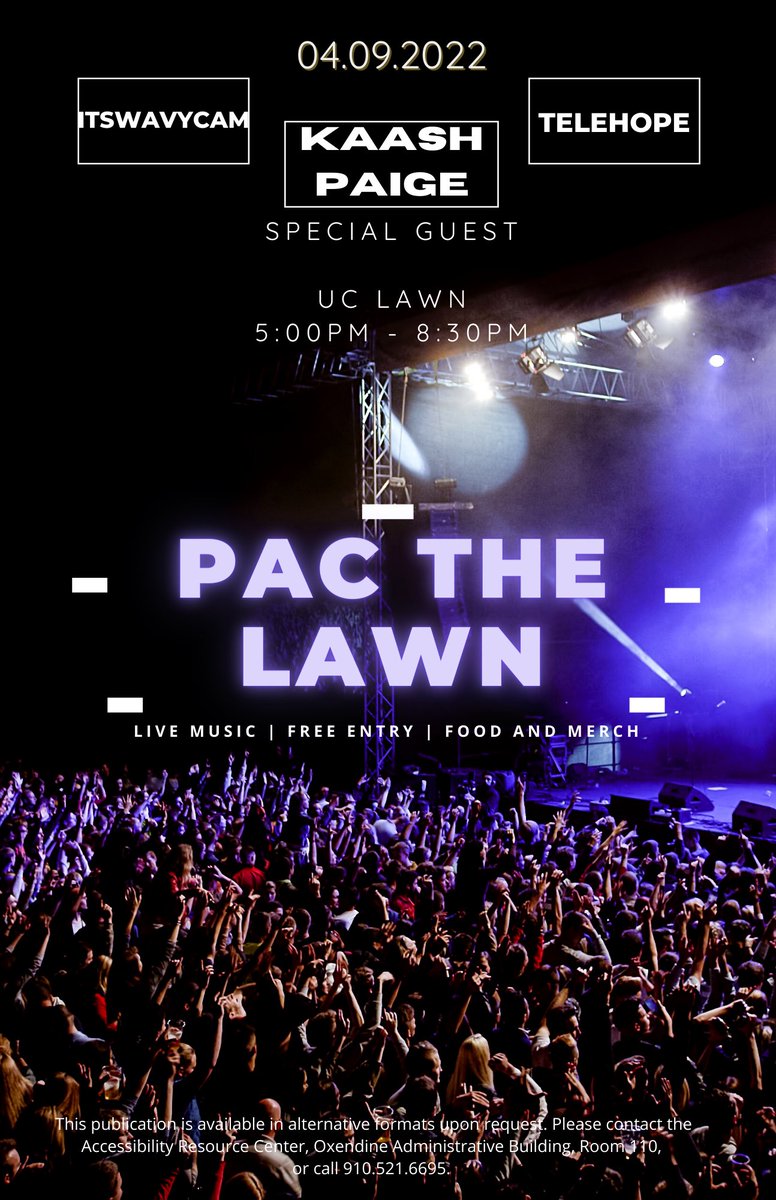 UNCP_PAC's tweet image. UNCP STUDENTS AND NON STUDENTS YOURE ALL INVITED TO PAC THE LAWN TONIGHT! GATES OPEN AT 5PM! BRING FORM OF ID!