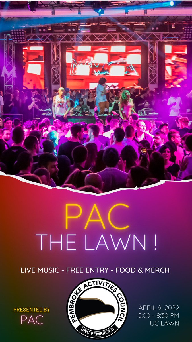UNCP_PAC's tweet image. UNCP STUDENTS AND NON STUDENTS YOURE ALL INVITED TO PAC THE LAWN TONIGHT! GATES OPEN AT 5PM! BRING FORM OF ID!