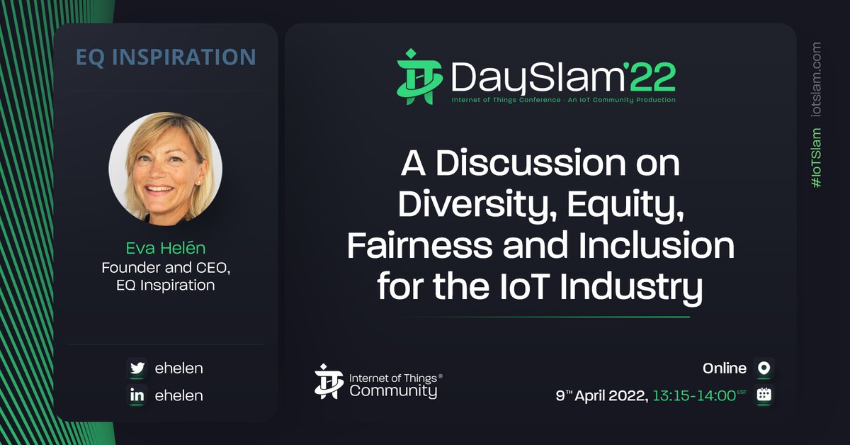 Streaming LIVE in 10 mins on World IoT Day! Join @ehelen for a thought provoking Keynote. How do Diversity, Equity, Fairness, and Inclusion play a role in the evolution of the IoT industry? linkedin.com/video/event/ur… #IoTCommunity #IoTSlam #IoT #IoTCL #IoTDay