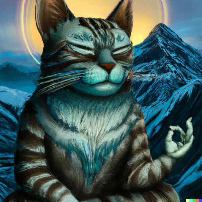 Image Generated by OpenAI DALL E-2: "A wise cat meditating in the Himalayas searching for enlightenment"