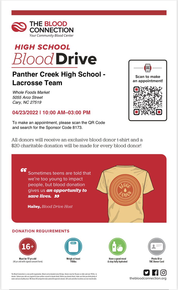 📍: Whole Foods Market
5055 Arco Street
Cary, NC 27519

⏰🗓: 04/23/2022 | 10:00 AM–03:00 PM

To make an appointment, click the link below

This is the direct link to sign up:
 donate.thebloodconnection.org/donor/schedule…