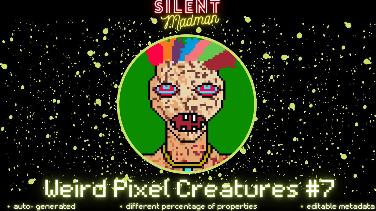 The first NFT-Collection "Weird Pixel Creatures" of the digital Artist "SilentMadman" is now available for Sale on OpenSea.
++
#NFT #NFTs #NFTCommunity #NFTGame #blockchain #PolygonNFT #digitalart #collection #NFTCollection #NFTcollectibles #art #digital #DigitalArtist #NFTartist