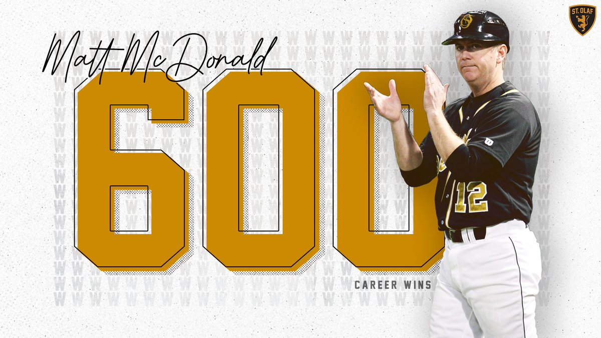 6⃣0⃣0⃣ wins for #⃣1⃣2⃣! With today's game-two win at Saint Mary's, @StOlafBaseball head coach Matt McDonald picked up the 600th victory of his career! He is the 34th active @NCAADIII coach to reach the milestone. #OlePride | #UmYahYah | #d3baseball