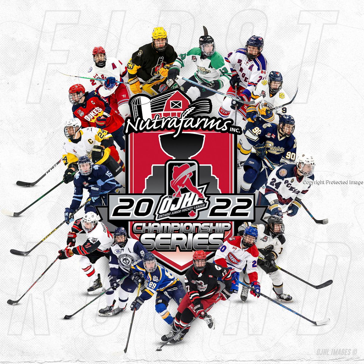 In Honor of our 16 OJHL Teams who begin the 2022 OJHL Post Season tomorrow, OJHl Images is proud to present the Nutrafarms Inc Championship Series Logo featuring all 16 Teams and the top scorer from each team. We wish each of you success !!  (Design): Owen Mertens OJHL Images
