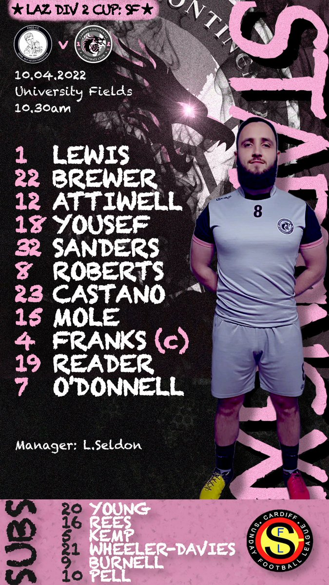 cardiffcontsfc's tweet photo. 🔔Starting XI🔔

★ Lazarou Div Two Cup - Semi Final ★
Here is your #CONTS lineup for the 2021/22 
@lazarouleague Lazarou Div Two Cup - Semi Final.
 
@FredFC8 v @cardiffcontsfc

#CCFC | #UPTHECONTS https://t.co/hjUPhZQJ76