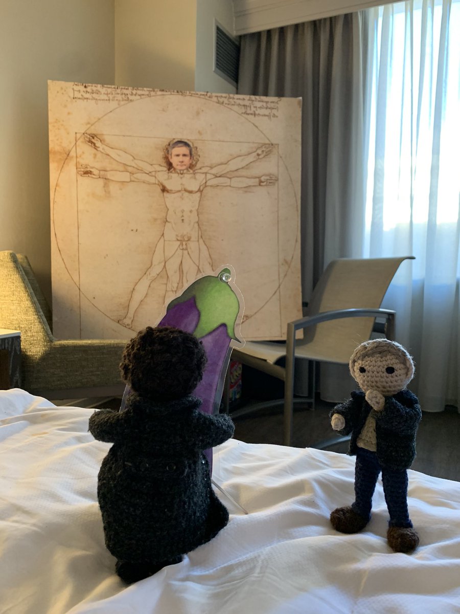 let_it_221b's tweet image. Sherlock playing Pin the Dick on Vitruvian John in the @threepatch suite! (Posing courtesy of @SWLcumbercookie's imagination!)