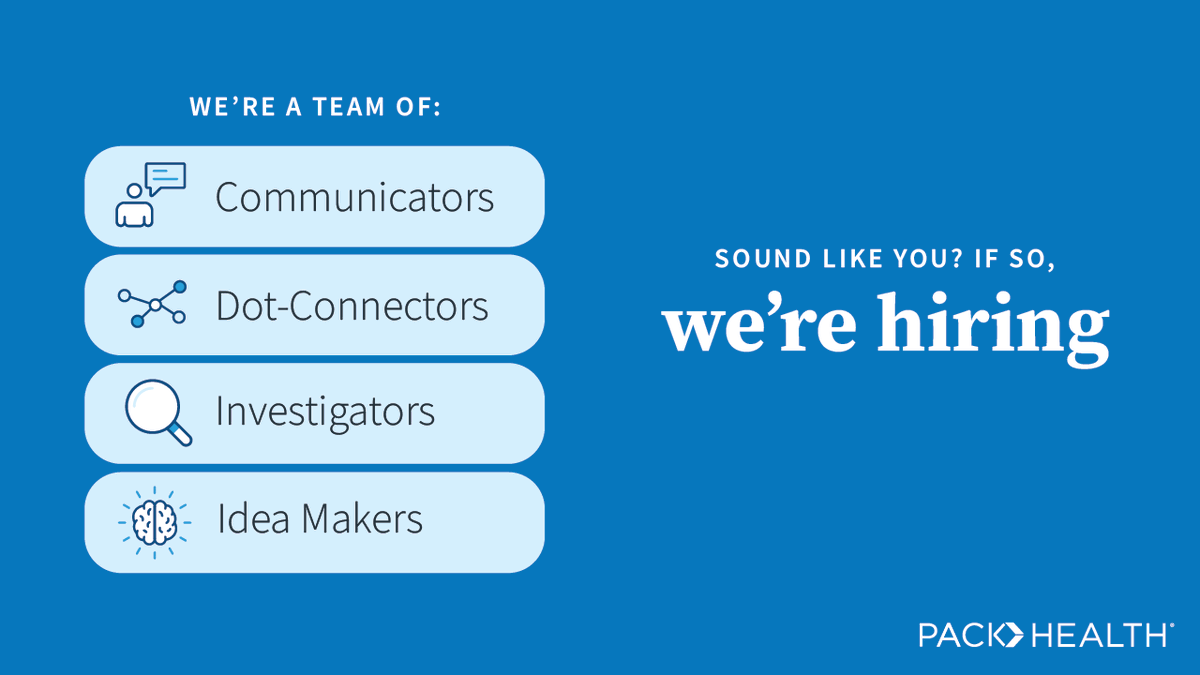 Pack_Health's tweet photo. We're looking for account managers, project managers, data analysts, engineers, and more at all levels of experience. Apply to join our team at https://t.co/Fbra8LMkJz! https://t.co/5EUhBmcNiQ