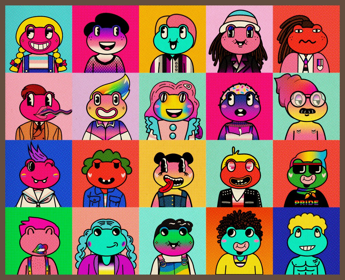 QueerFrens's tweet photo. It's time for #QueerFrens weekend quiz! We know that @TheyBalloon's colour palettes for the #NFTcollection are from all the LGBT flags. How many times the Trans Pride Flag's colour swatches appear in this image? Winner will receive a special prize from us #NFT #NFTcommunity 🏳️‍⚧️🏳️‍⚧️ https://t.co/HZQiBQQ1ZM