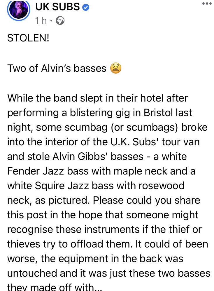 UKSubs's tweet photo. STOLEN! 

Two of Alvin’s basses 😫 

See photo statement 

#stolenbasses #stolenbass #uksubs #alvingibbs #bristol https://t.co/9Nmuti6xrU