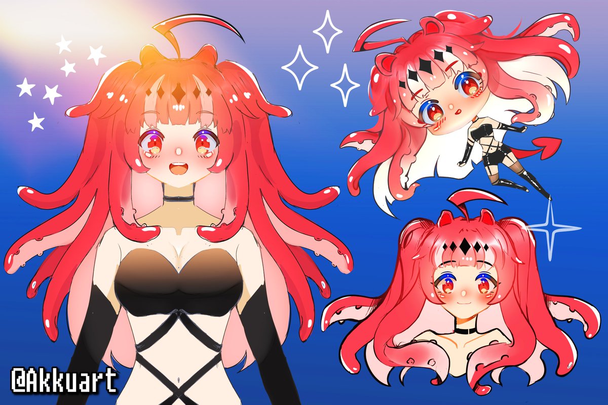Akkuart's tweet photo. I'm selling a colored sketch sheet like these starting from 25$ you'll get a symmetric half body + 1 full body chibi and a headshot! can include commercial rights and do custom characters from description. Feel free to dm me for details https://t.co/4zIkkzt4Jh