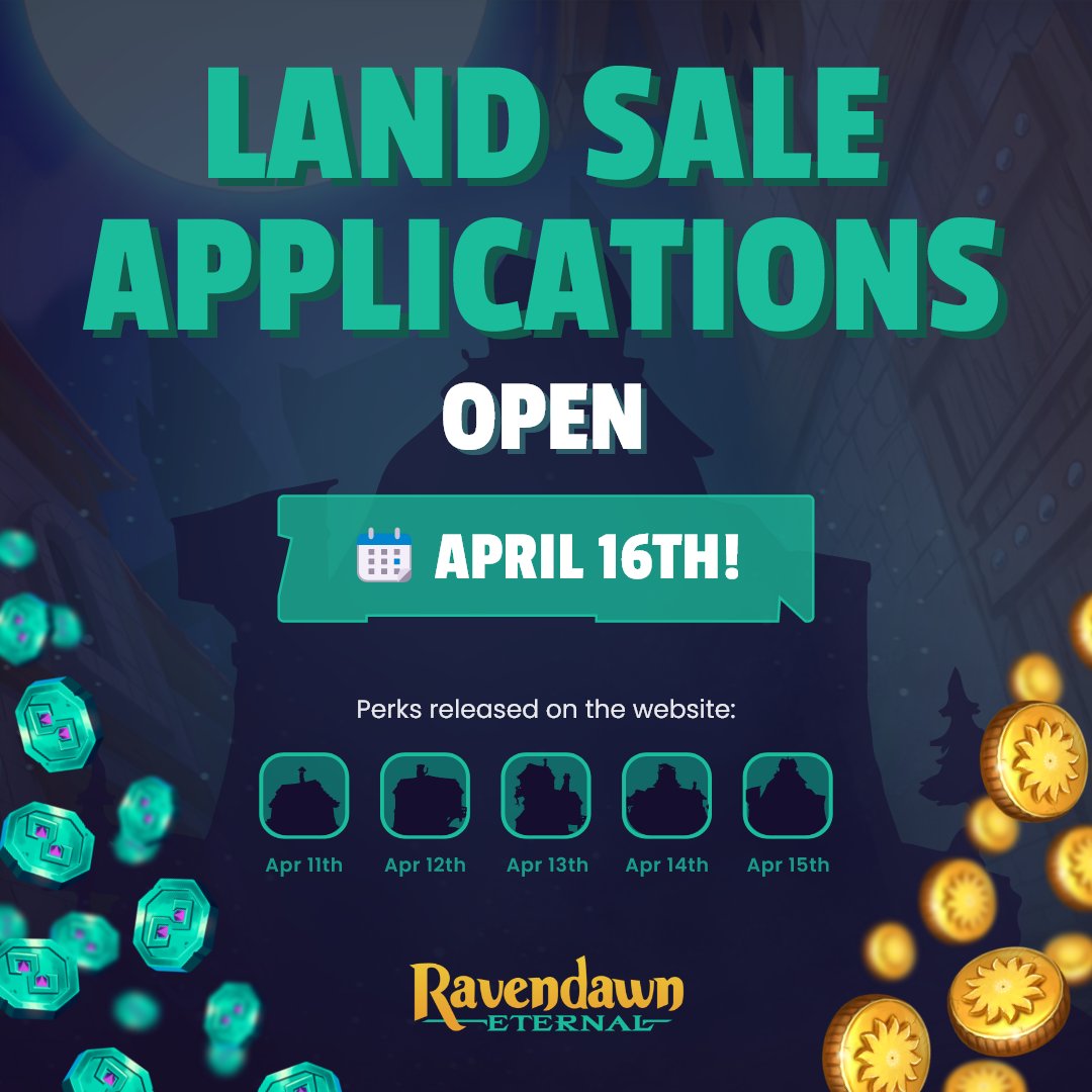 RavenQuestGame's tweet photo. The Early Bird Land Sale Application opens in 7 DAYS!

We are excited to announce that the world of Ravendawn Eternal is ready to receive its first Settlers!

Read the announcement on Discord:
👉https://t.co/lTrZpOT5rE

🔁 + ❤️
 To unlock a $60,000 Fort + 100 WLs Giveaway!! 🎉 https://t.co/5bdjz2YDlB