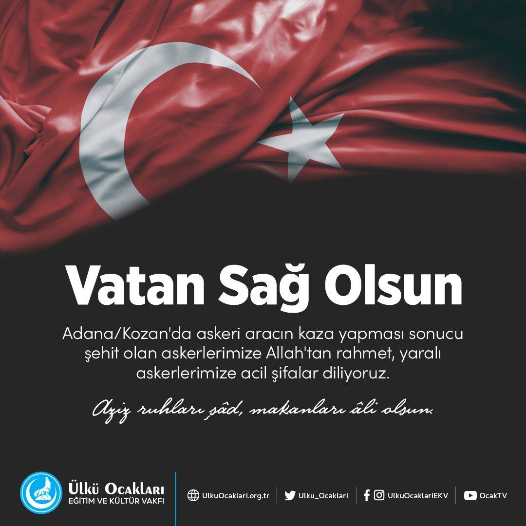 Adana/Kozan'da askeri aracın kaza yapması sonucu şehit olan askerlerimize Allah'tan rahmet, yaralı askerlerimize acil şifalar diliyoruz.
