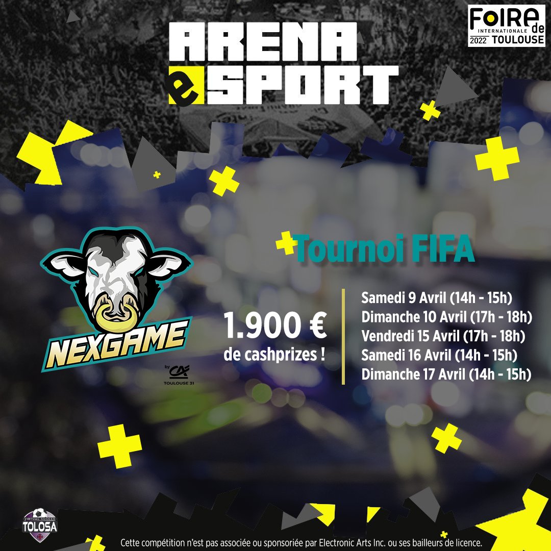 PlaytimeTeam's tweet photo. 🏆 NexGame by CA31 : Tournois #FIFA22

💰 Cash prize de 1900 € !💰

🎟 Inscriptions sur place.

💻 Des joueurs #esport @VSTolosa seront présents : @RyzeDiablo &amp; @OC_Captn

🗓 Au programme : 
- #Rencontres
- #Showmatchs
- #1vs1 

🙏🏼 Merci à notre sponsor @CA_Toulouse31 https://t.co/ooFAn1OVkz