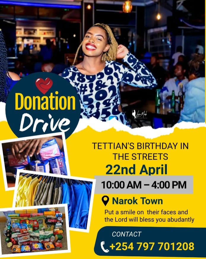 <a href="/Nacosfi/">NAROK COUNTY STREET FAMILIES INITIATIVE</a> will also be hosting one good friend and well wisher to the the initiative by the name Tettian on the 22nd April 2022 to celebrate her birthday with the street families...
All are invited to join in and also support the event as indicated in the poster below.