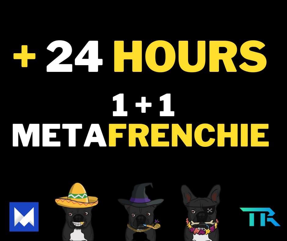 frenchieUNFT's tweet photo. 🔥😍 OFFER EXTENDED 😍🔥

+ 24 more hours ⏰🎉

MINT 1 #metaFrenchie and get one FREE, worth 0.1 ETH, from the future collection, which will be launched on #Opensea soon.

DEADLINE: Tomorrow, April 10, 6 PM UTC!

#nft #nfts #elrond #ethereum https://t.co/Gbqz0zU1N5
