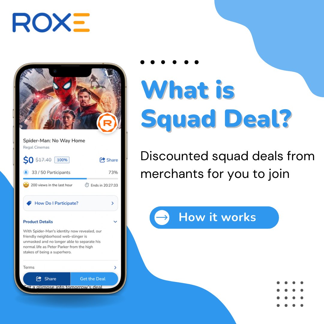 GetRoxe's tweet photo. You may be wondering, what is Squad Deal?🤔
Swipe to learn more😉
Don’t forget to join our @RegalMovies Ticket Deal for $5 on 4/11🎥
Download #RoxeApp to get started ➡️ https://t.co/sFJJKhtEtO
#ROXE #blockchain #Fintech #Finance #Digital #Money https://t.co/AlqhBE93xA