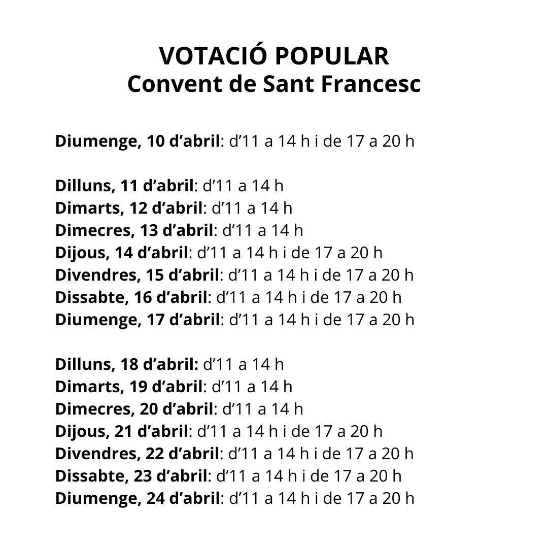 lesdelmambo's tweet photo. 🗳 Votació popular
🗓 Del 10 al 24 d’abril
📍 Convent de Sant Francesc
🕚 Horaris a la publicació
❕ La votació és presencial i cal identificar-se amb el DNI https://t.co/CutcS8bKeP