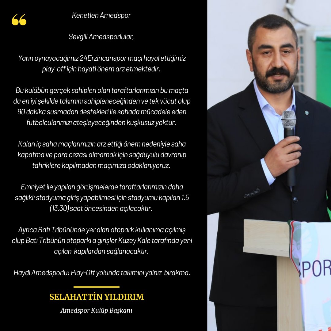 amedskofficial's tweet photo. 🗣 Kulüp Başkanımız Selahattin Yıldırım'dan maça davet çağrısı

📰https://t.co/DGC5Ltzzua

@slhttnyldrm21 

#BirlikteBaşaracağız #Amedspor https://t.co/KOTIJoFCKz