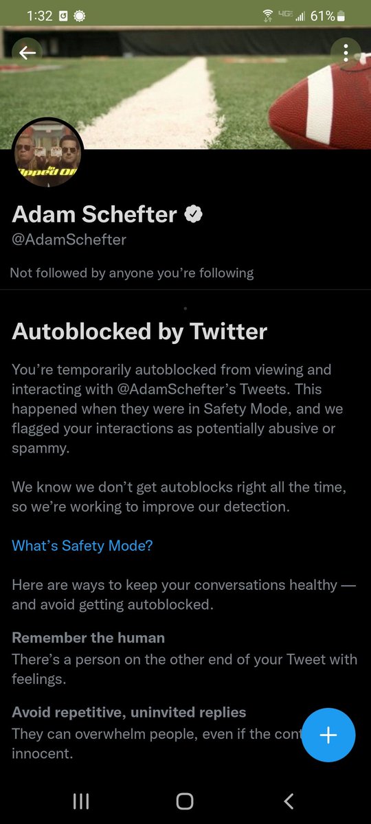 Daniel_Faris30's tweet photo. Adam Schefter can suck it with this auto block shit. "Remember the human" Thats a reason I get blocked for? This dude doesn't get blocked by Twitter for not "remembering the human" on the other end of his tweet. #Twitter #NFLTwitter #FireAdamSchefter https://t.co/rrb94212Mi