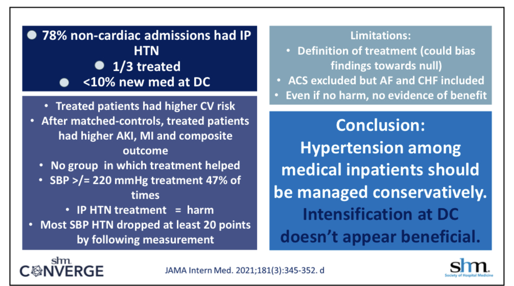 🩺There was no group in which treatment of inpatient hypertension helped. 

🚨Inpatient treatment of hypertension = harm. 

#SHMConverge #UpdateinHospMed2022

pubmed.ncbi.nlm.nih.gov/33369614/
PMID: 33369614