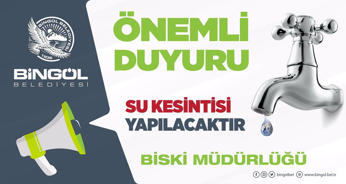 📢 📢 DUYURU 📢 📢

Kültür Kavşağında yapımı devam eden TOKİ alanında yapılacak içme suyu deplase çalışması nedeniyle;

🗓 10 Nisan 2022 Pazar günü 
⏰ 07.00 ile 11.00 saatleri arasında su kesintisi uygulanacaktır.
KESİNTİDEN; 
📍Kültür Mahallesi
📍İnalı Mahallesi etkilenecektir.