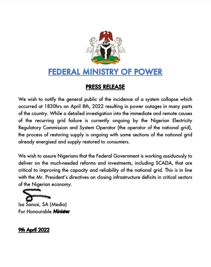 RT @potam1304: Press Release from the Federal Ministry of Power. https://t.co/PwE4JqCM1G