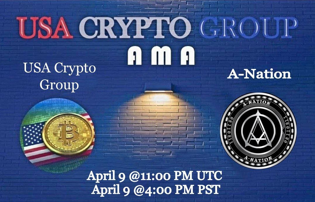 USACryptoGroup's tweet photo. 😍EVENT: A-Nation AMA
✈️LOCATION: https://t.co/7I7t2e6ixQ
April 9 @11:00 PM UTC 
April 9 @4:00 PM PST
😱PRIZE: Cash Prize draw
Today! HOLLYWOOD MOVIE COIN!!! We are excited to hear from this team.  #usacryptogroup #crypto #ama #anation https://t.co/CqhC90JibC