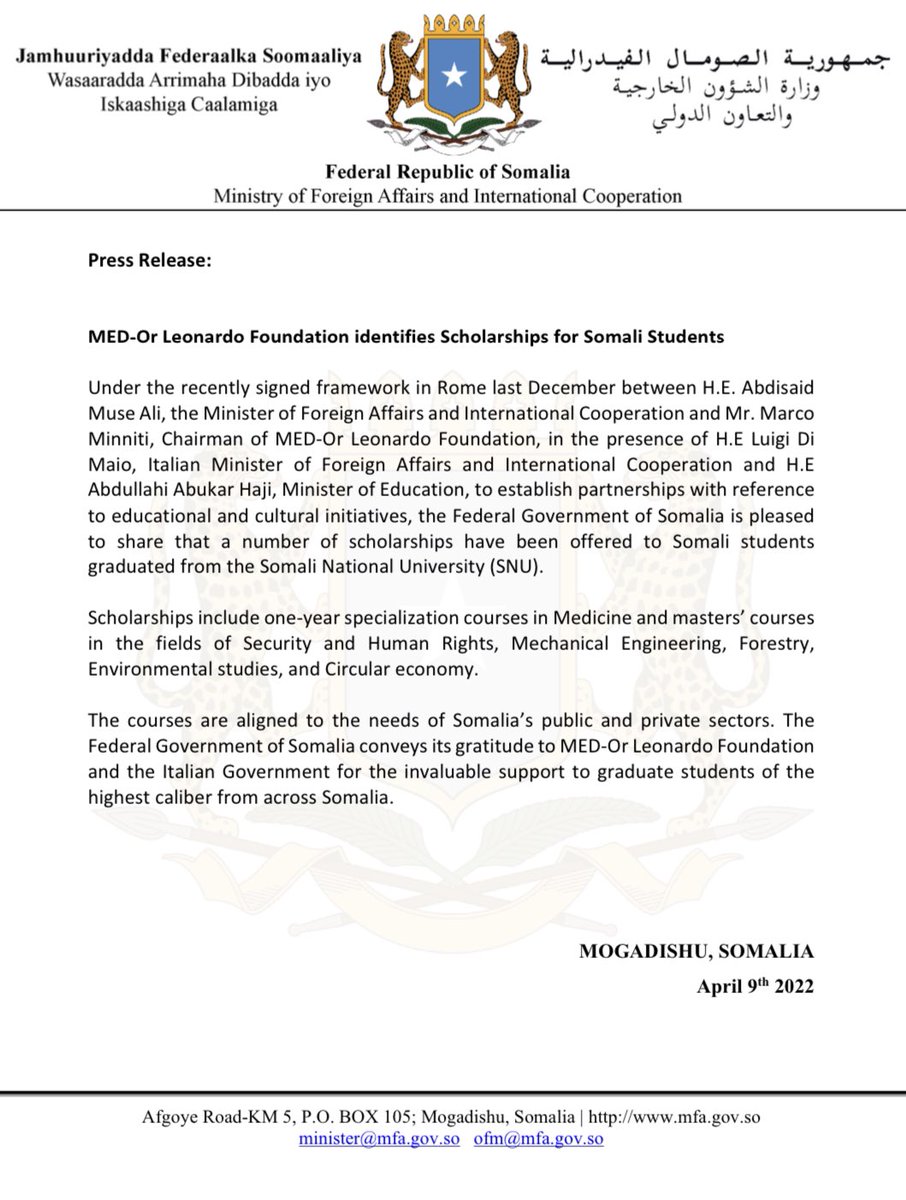 MinisterMOFA's tweet photo. The Federal Government of Somalia is pleased to announce that a number of scholarships have been offered to Somali students at @SNU_University under the recently signed framework in Rome with @fondazionemedor in the presence of H.E @luigidimaio and H.E @AbdullahiAArab. https://t.co/oEsrB3lYDI